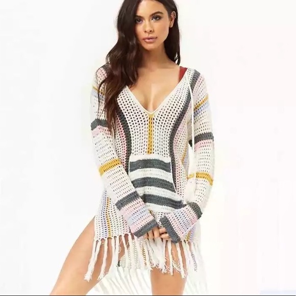 Crochet beach top bikini swimsuit cover up pocket shirt white stripe - Picture 2 of 3